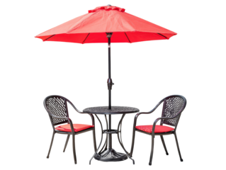 Classic black metal patio bistro set with two chairs red cushions and a large red umbrella.