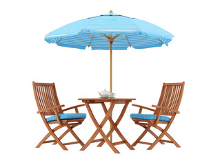 Wooden patio furniture set with two folding chairs blue cushions a table and a striped umbrella.
