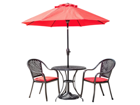 Classic black metal patio bistro set with two chairs red cushions and a large red umbrella.