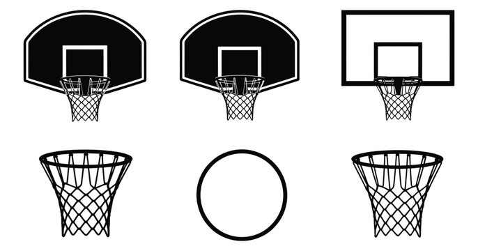 Vector art of various basketball hoops and nets isolated on white background, showcasing different designs and styles for sports equipment and athletic activities, vector illustration