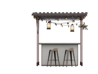 Rustic outdoor bar with a corrugated roof string lights and industrial metal stools.