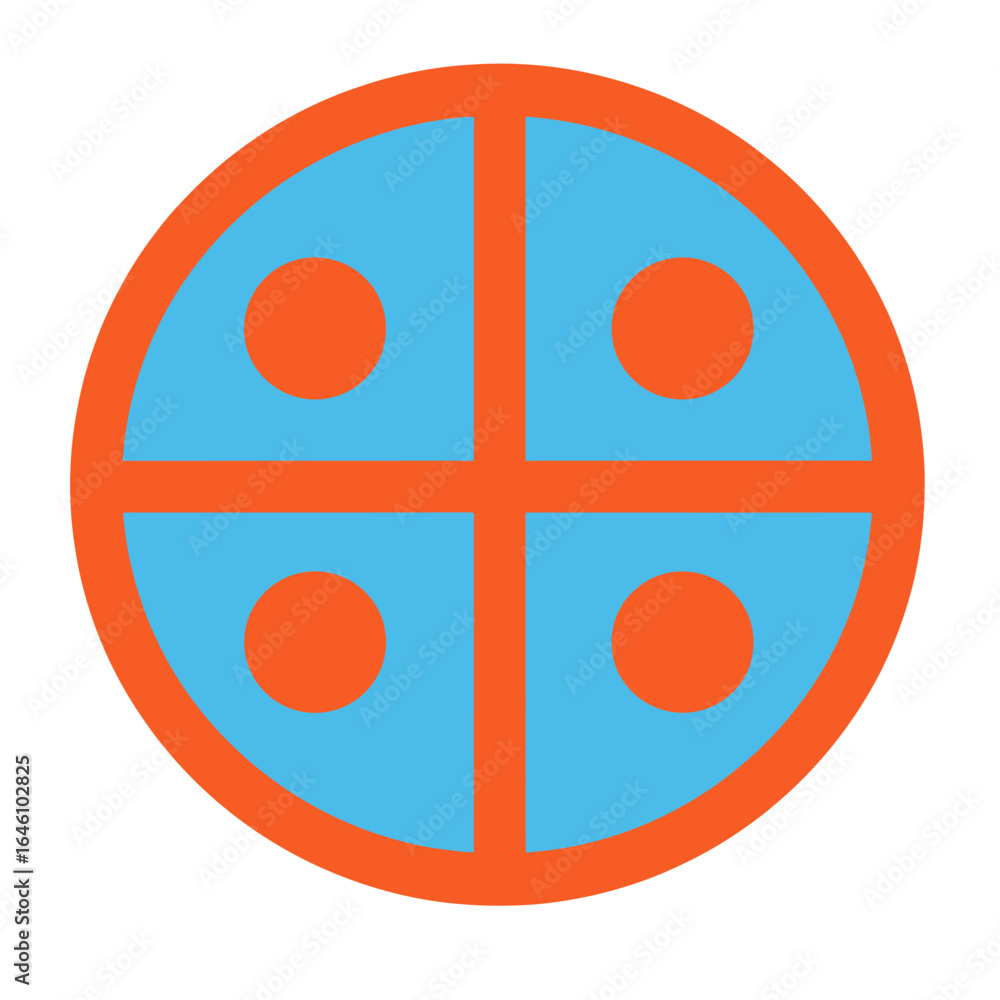 Poster vibrant geometric design featuring bright blue and orange circular shapes with distinct patterns and