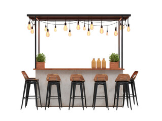 Industrial bar counter with a concrete base wooden top five stools and hanging Edison string lights.