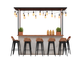 Industrial bar counter with a concrete base wooden top five stools and hanging Edison string lights.