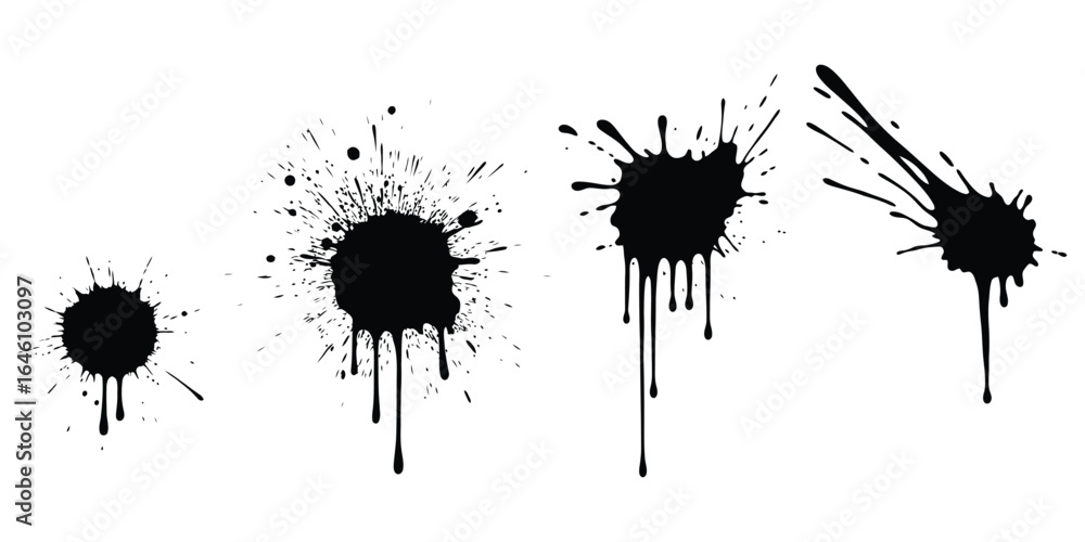 Poster vector art of four black ink splashes with drips isolated on white background, creating an abstract 