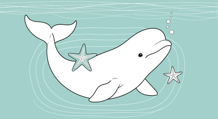 Cute beluga whale cartoon illustration with starfish, underwater marine life scene and playful bubbles, adorable ocean animal
