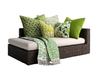 Modern dark brown wicker chaise lounge with cream cushion and vibrant green patterned pillows and blanket.
