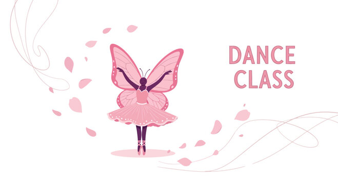 Elegant dance class poster featuring a ballerina with butterfly wings and petals