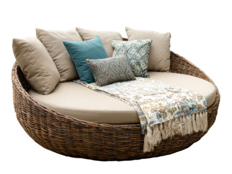 Stylish round woven rattan daybed with plush beige cushions patterned pillows and a fringed throw.