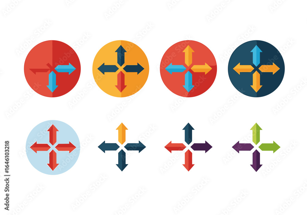 Poster colorful arrows in circular designs representing direction, movement, and navigation in modern graph
