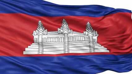 Waving Cambodian flag with Angkor Wat emblem in the center featuring blue and red stripes - Powered by Adobe