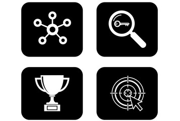 Four distinct icons representing connection, search, achievement, and targeting in a modern design style