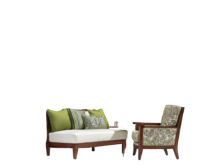 Elegant wooden furniture set featuring a sofa with green pillows and a patterned armchair.
