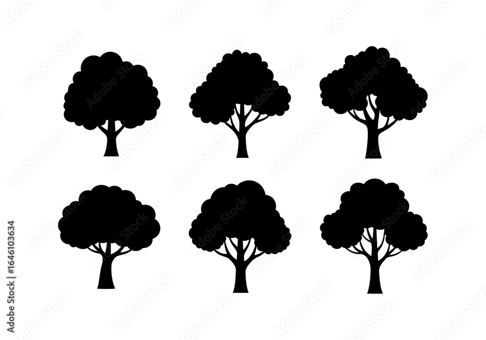 Poster six distinct silhouettes of trees displaying unique shapes and forms against a white background