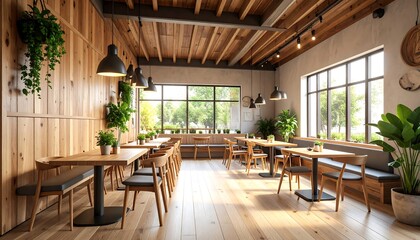 Modern cafe interior with natural wood accents