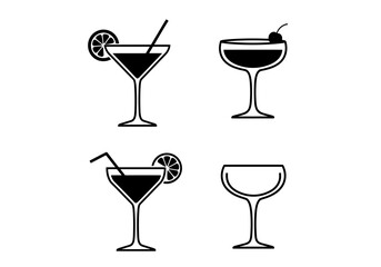 Four stylish cocktail illustrations featuring different glass shapes and garnishes for bar menus