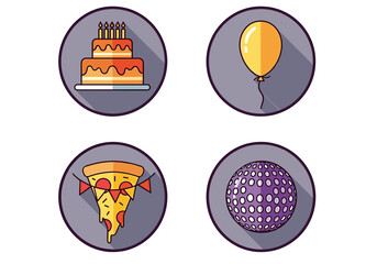 Naklejka premium Festive Illustrations of Birthday Cake, Balloon, Pizza Slice, and Disco Ball in Circles