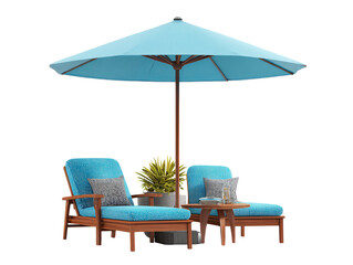 Modern wooden patio lounge set with two chaise longues blue patterned cushions and a large cyan umbrella.