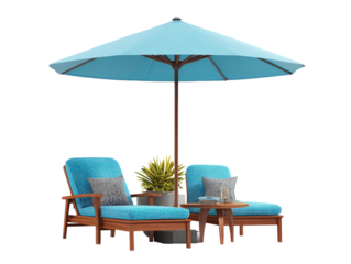 Modern wooden patio lounge set with two chaise longues blue patterned cushions and a large cyan umbrella.