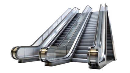 Two modern escalators with metal and glass railing isolated on transparent background for easy use in your design projects