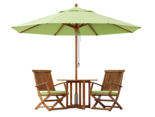 Wooden garden furniture set with two folding chairs a table and a light green parasol.