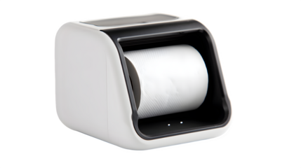 Modern white and black automatic toilet paper dispenser with clean roll, offering hygienic convenience and stylish bathroom enhancement for contemporary living spaces.