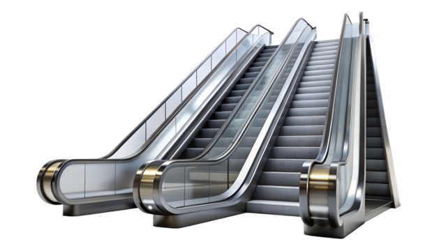 Two modern escalators with metal and glass railing isolated on transparent background for easy use in your design projects
