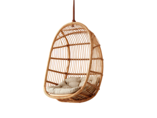 Natural rattan hanging egg chair with a soft beige tufted cushion suspended by a rope.