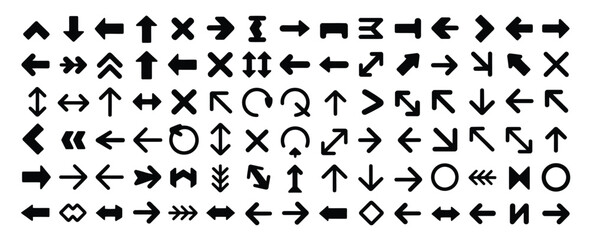 Fototapeta premium Vector art of diverse set of arrow icons isolated on white background, showcasing various directions and styles for use in user interfaces, web design, and graphic representations