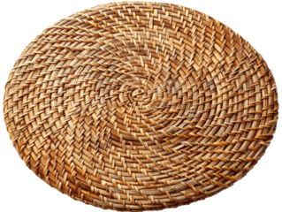 Round woven placemat made of natural rattan featuring an intricate spiral weave pattern and a textured brown finish.