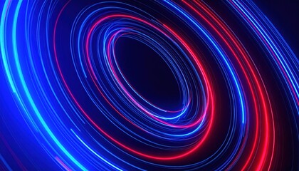 Abstract Digital Artwork of Orbiting Rings with Blue and Red Neon Light Against Dark Background