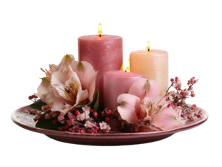 Romantic centerpiece with three lit pink pillar candles Alstroemeria flowers and berries on a textured ceramic plate.