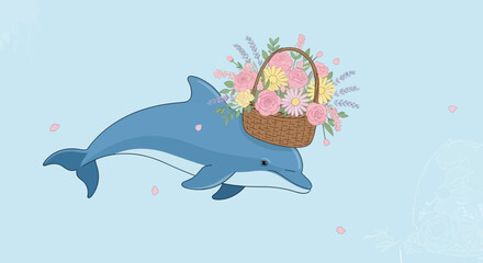 Fototapeta premium Delightful dolphin carrying a basket of flowers in a whimsical illustration setting providing a charming visual experience
