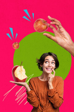 Composite zine pop trend collage of happy girl show apple fruit hand healthy lifestyle detox fiber nutrition juice beverage