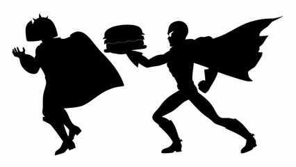 Fototapeta premium Silhouette of two figures one holding a burger and the other running away from the burger guy