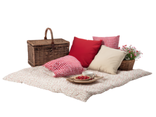Cozy picnic setup with a wicker basket red gingham pillows and fresh raspberries.