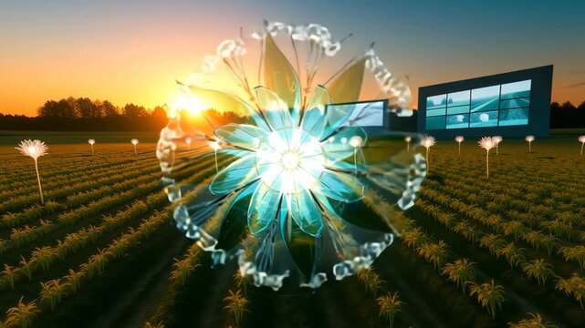 Futuristic Flower in Regenerated Field at Sunset &ndash; Digital Concept Clip. Surreal glowing plants in sunset field with recycled crystal flower focus.