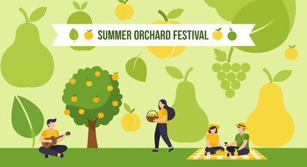 Fototapeta premium Delightful Summer Orchard Festival Illustration with People Enjoying Outdoors Activities