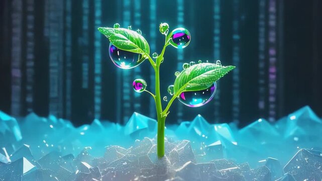 Digital Plant with Crystals and Code &ndash; A Fusion of Nature and System Intelligence. droplets, crystals, and code overlays in a tech-organic fusion.