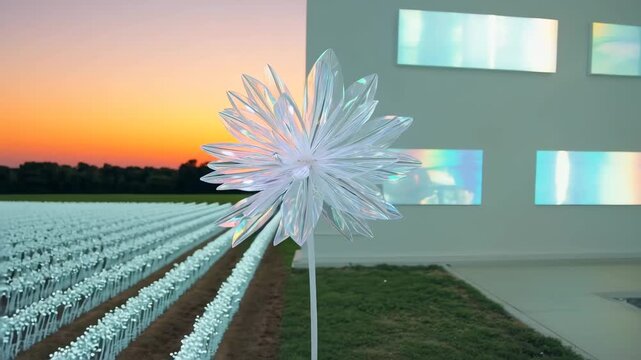 Orbiting view of abstract white flower sculpture outdoors, symbolizing regeneration through tech-organic fusion. themes of regeneration, eco-conscious design, and bio-digital harmony.