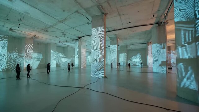 Industrial building projection with digital mapping technology. People in fast motion. Columns and ambient lighting, minimalist design.