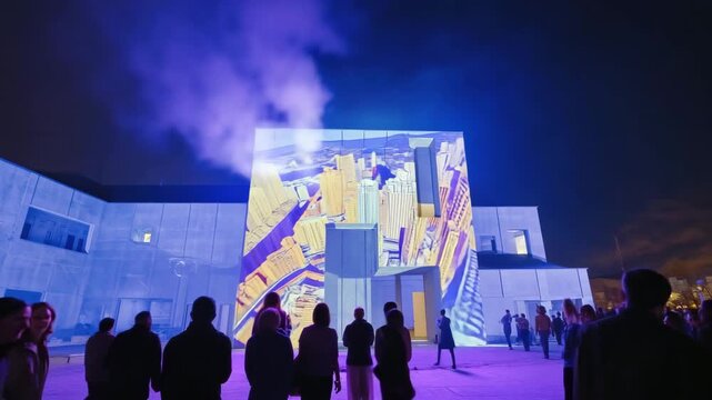 Colorful cityscape projection lights up building fa&ccedil;ade at night. Digital mapping technology, people having fun