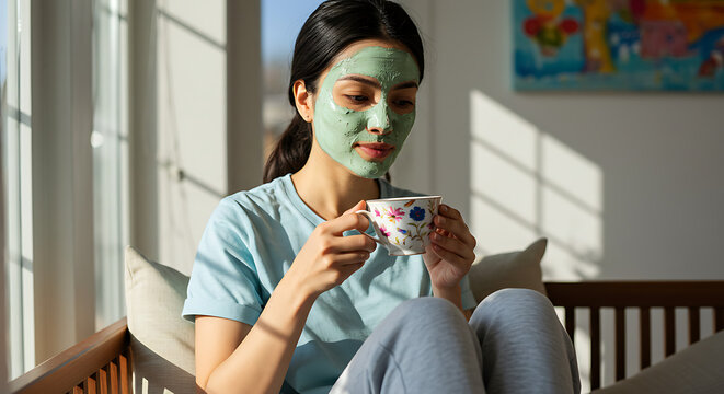 Woman with a green clay face mask, sitting comfortably, holding a cup of tea