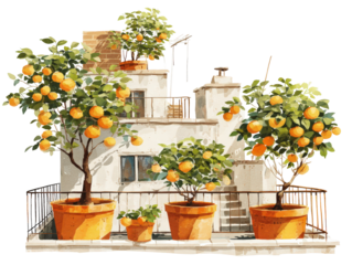 Watercolor illustration of potted orange trees with ripe fruit on a sunny Mediterranean building terrace.