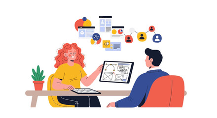 Design collaboration: Web designers work on project with digital tools for brainstorming