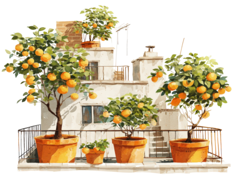 Watercolor illustration of potted orange trees with ripe fruit on a sunny Mediterranean building terrace.