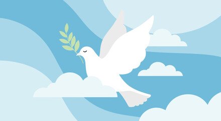 Elegant illustration of a white dove carrying an olive branch symbolizing peace and hope against a soft blue sky