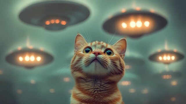 A curious cat gazes upwards as unidentified flying objects illuminate the surroundings. This intriguing moment captures an otherworldly experience that sparks wonder and excitement