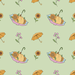 Seamless pattern with umbrella, pumpkins and flowers