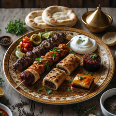 Traditional Turkish Adana kebab or kebap meat food, appetizers, raki and salgam on table from top view in turkish restaurant.